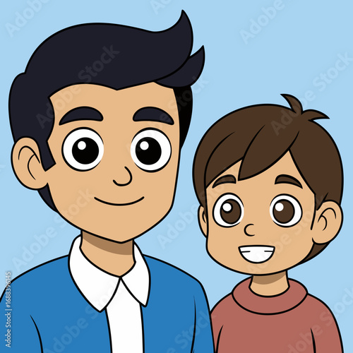 Two cartoon characters, an adult man and a young boy, smiling happily together against a light blue background, representing family and friendship