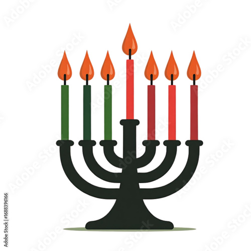 Colorful menorah with lit candles in red, green, and orange on a white background for celebration