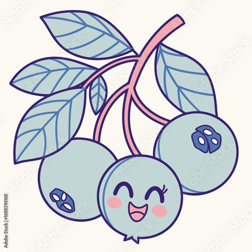A cheerful and happy cartoon blueberry character with blushing cheeks and a wide smile on a branch with light blue leaves and a pink stem against a cream background