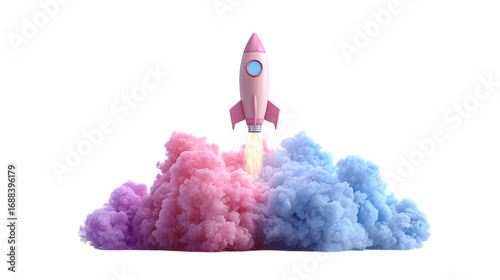 Pink Rocket Launching Through Colorful Clouds Concept