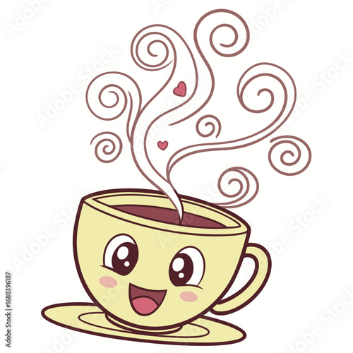 A cheerful and happy cartoon coffee cup with a smiling face and steam rising with hearts and swirls is perfect for a cozy morning or a warm beverage