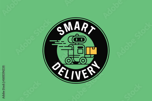 A logo featuring a robot on wheels delivering a package inside a black circle on a green background