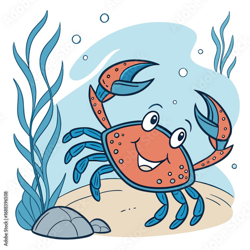 A cheerful cartoon crab with big eyes and a wide smile stands on a sandy seabed surrounded by blue seaweed and floating bubbles