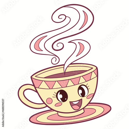 A cheerful cartoon cup of hot beverage with steam rising and a happy face perfect for children s illustrations and designs