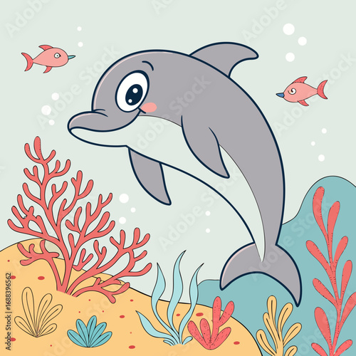A cheerful cartoon dolphin swims playfully in a vibrant underwater scene with coral reefs and small fish swimming nearby