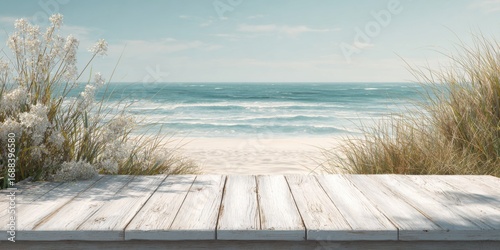 Whitewashed wooden platform overlooking a beach scene