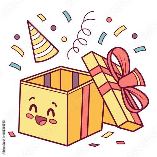 A cheerful cartoon gift box with a happy face opens to reveal confetti and a party hat celebrating a special occasion with joy and excitement
