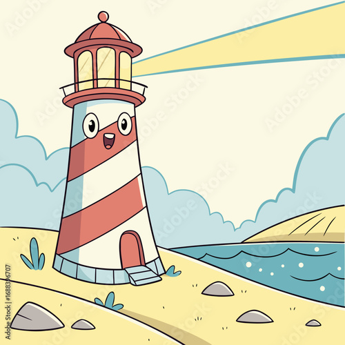A cheerful cartoon lighthouse with a happy face stands on a sandy beach shining a bright light across the ocean under a cloudy sky