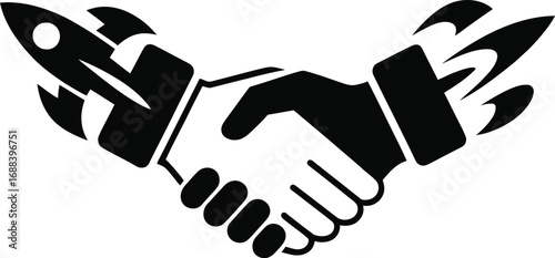 A black and white graphic of a handshake with rockets attached to the cuffs of the sleeves on each hand