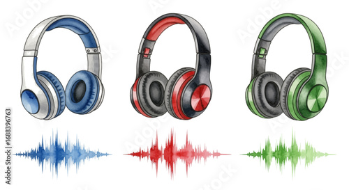 Stylish headphones with vibrant soundwave visualizations for music, podcasts, and audio experiences