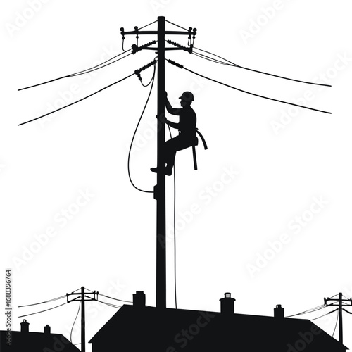 Lineman climbing utility pole working on wires silhouette
