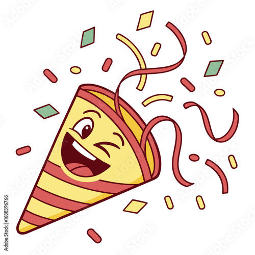 A cheerful cartoon party popper character winks and laughs as it shoots out colorful confetti and streamers for a festive celebration