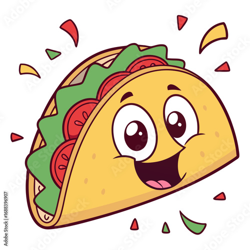 A cheerful cartoon taco with a happy face and lettuce and tomato filling surrounded by festive confetti and bursting with joy