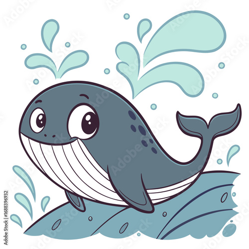 A cheerful cartoon whale with big eyes and a wide smile joyfully breaching the ocean waves with splashes of water in a playful illustration