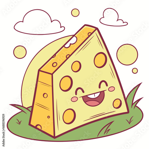 A cheerful cartoon wedge of swiss cheese with a happy face and rosy cheeks sits on green grass under a yellow sun and fluffy clouds