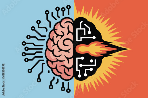 A stylized brain with circuitry on one side and fire on the other against a split background color