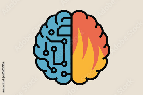 Illustration of a brain divided in half with circuits on one side and flames on the other side