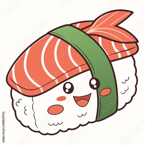 A cute and happy salmon nigiri sushi character with big eyes and a cheerful smile perfect for food related designs and children s themes
