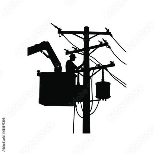 Lineman in Bucket Truck Working on Power Lines utility worker