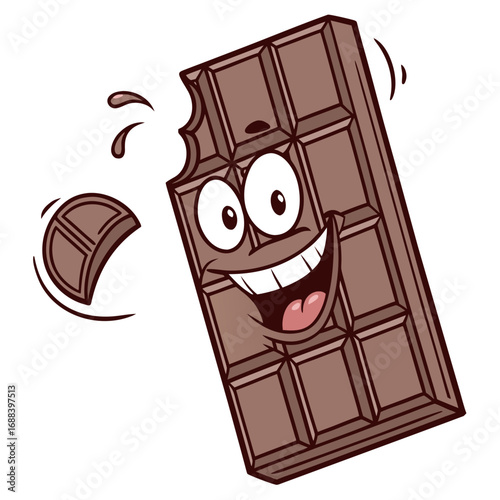 A happy cartoon chocolate bar with a bite taken out of it and a piece breaking off is joyfully celebrating its deliciousness
