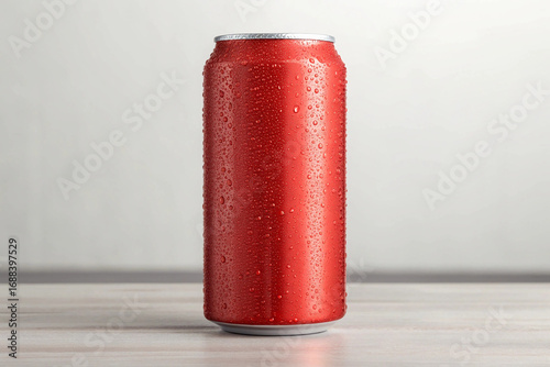 Red Aluminum Beverage Can with Water Drops Mockup