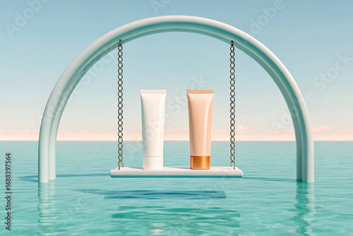 Surreal 3D Cosmetic Mockup on a Swing in the Ocean