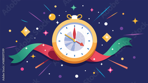 Happy new year midnight celebration clock illustration with holiday stars