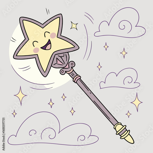 A happy cartoon star wand with a smiling face and rosy cheeks surrounded by whimsical clouds and sparkling stars against a pale gray background