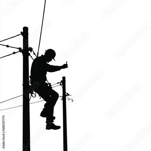 Lineman silhouette working on power pole against white background