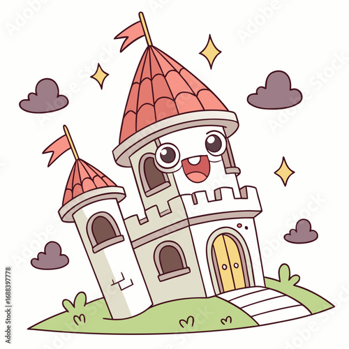 A whimsical cartoon castle with a happy face and red flags on its towers surrounded by fluffy clouds and sparkling stars on a green hill