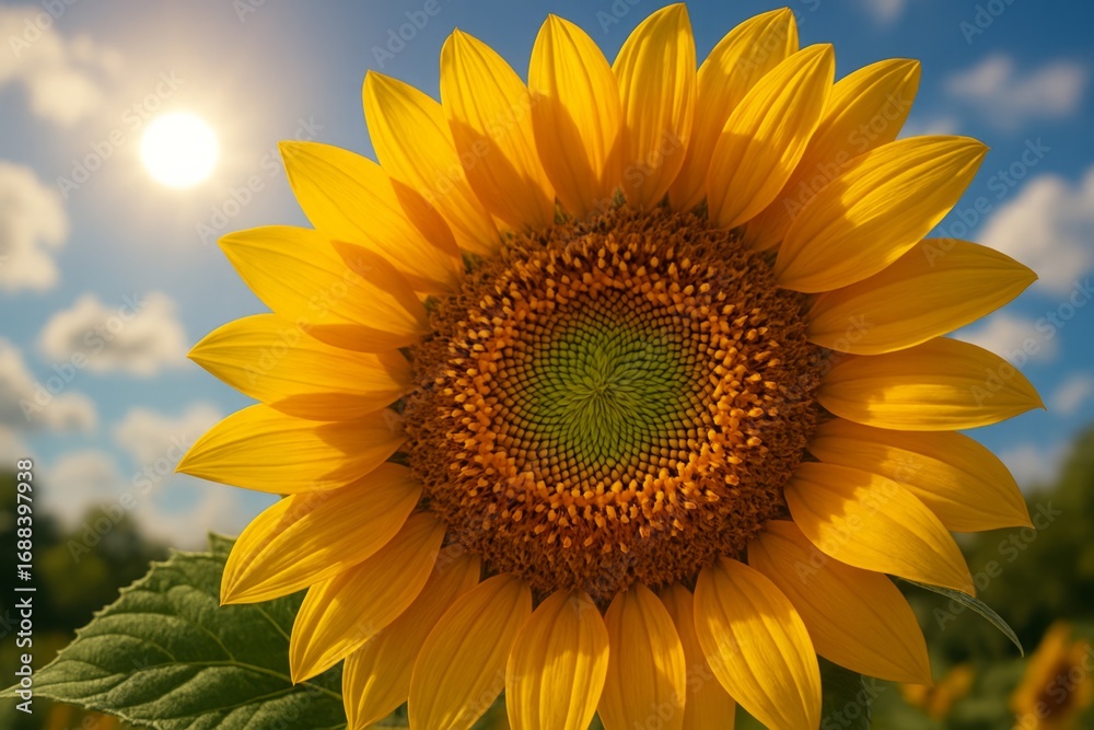 Naklejka premium A single large sunflower stands tall, bathed in bright sunlight under a clear blue sky.