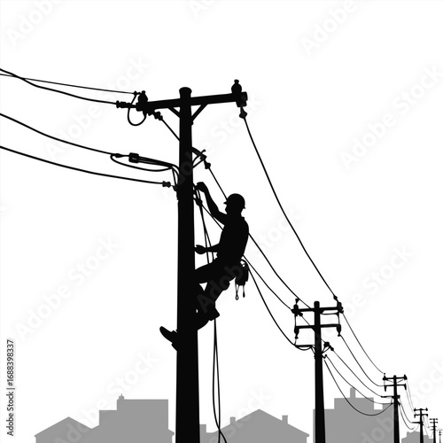 Lineman silhouette working on power pole with city buildings