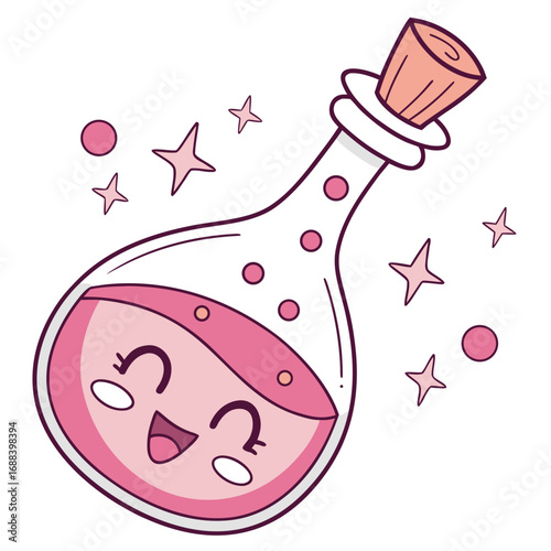 Cute kawaii potion bottle with happy face and pink liquid surrounded by stars and bubbles magical elixir