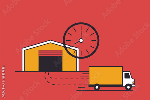Illustration of a yellow warehouse, truck, and clock on a red background depicting timely delivery service