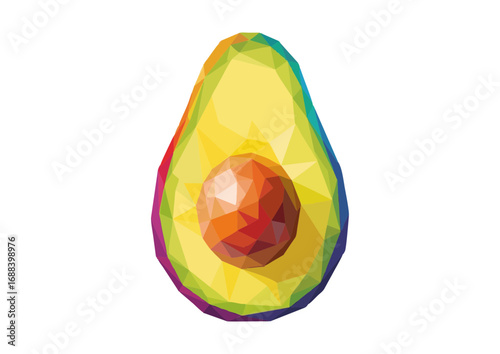 Polygonal rainbow avocado half with vibrant colors 