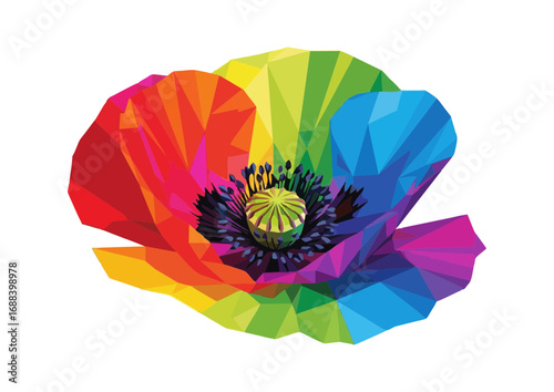 Polygonal rainbow poppy flower with vibrant colors 