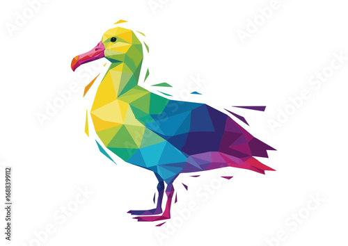 Polygonal rainbow seagull standing gracefully 