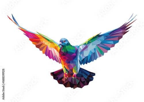 Polygonal pigeon soaring gracefully in the air 