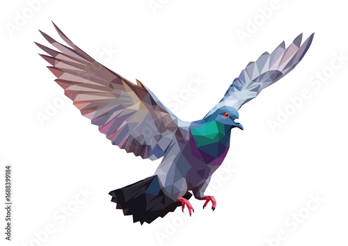 Polygonal pigeon soaring gracefully in the air 