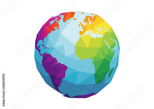 Polygonal rainbow globe with vibrant colors representing continents