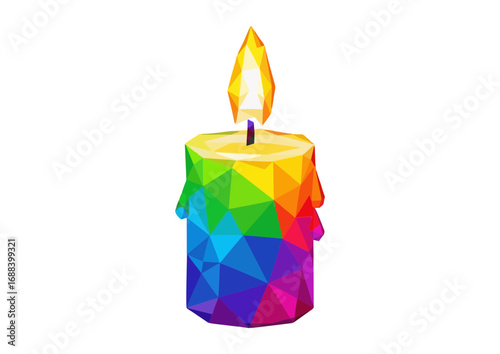 Polygonal rainbow candle with vibrant colors and flame