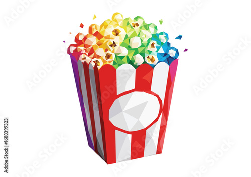 Polygonal rainbow popcorn bucket filled with vibrant popcorn