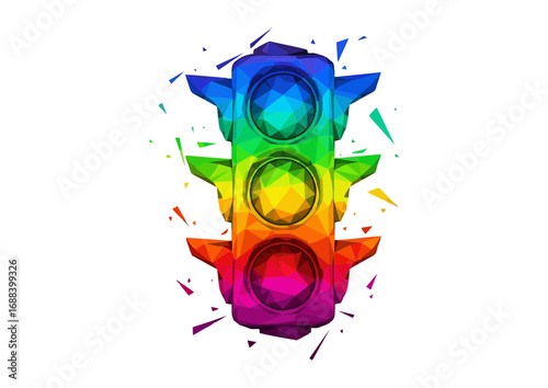 Polygonal rainbow traffic light with vibrant colors 