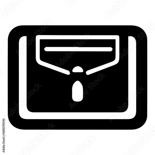 A black and white image of a briefcase with a white handle. The briefcase is open and the contents are visible