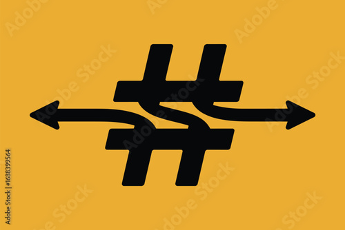 A graphic illustration featuring a black hashtag symbol with arrows on a mustard yellow background