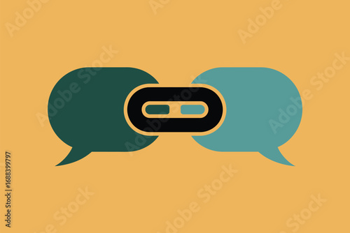 Two speech bubbles connected by a black link icon on a yellow background depicting communication concept