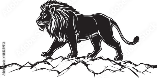 Black Lion Silhouette Art | Majestic Outline Walking on Rocks for Tattoo, Logo, and Graphic Design