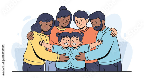 flat vector illustration of conjoined twins with their family, all hugging in a warm and supportive scene for World Conjoined Twins Day