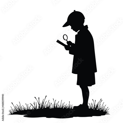 Silhouette of a boy with magnifying glass examining a book