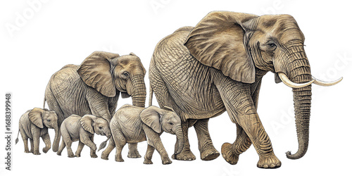 realistic elephant family herd walking grayscale wildlife illustration multiple generations baby adult